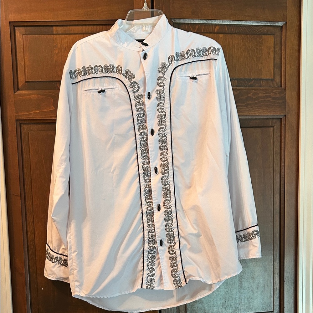 White Button-Up Shirt with Shiny Black Embroidery